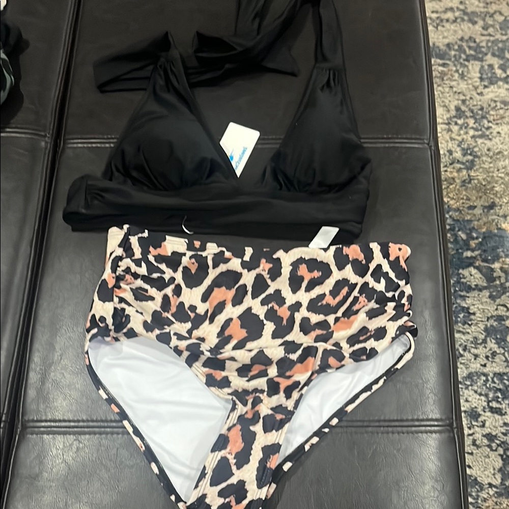 Black Bikini Top with Leopard Print Bottoms